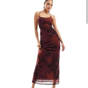 ASOS DESIGN mesh cami maxi dress with cross back in purple floral